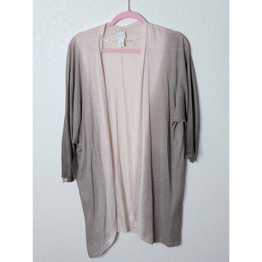 Chicos 3 Open Front‎ Long Sweater Cardigan Size XL Beige Ombre Lightweight Ramie